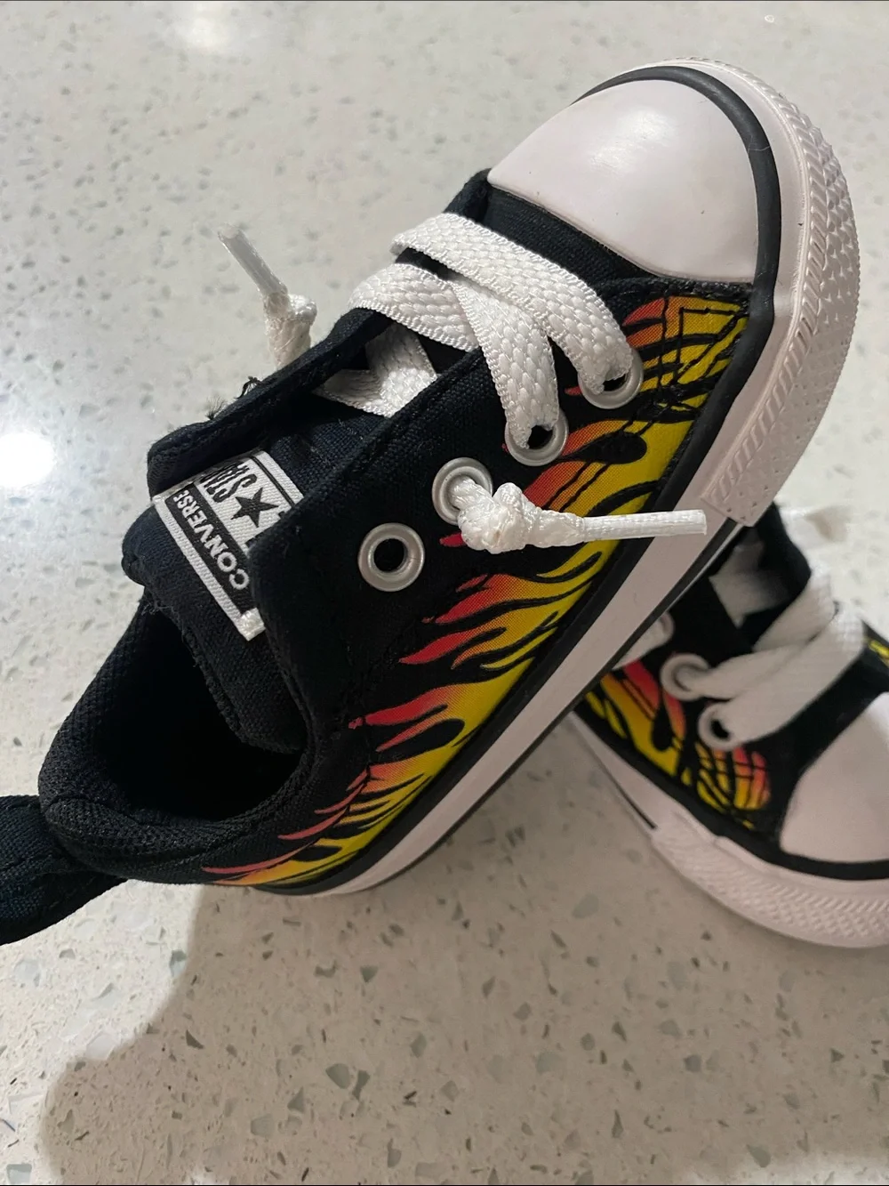 Converse Kids Black Low Top Sneakers with Red and Yellow Flame Design